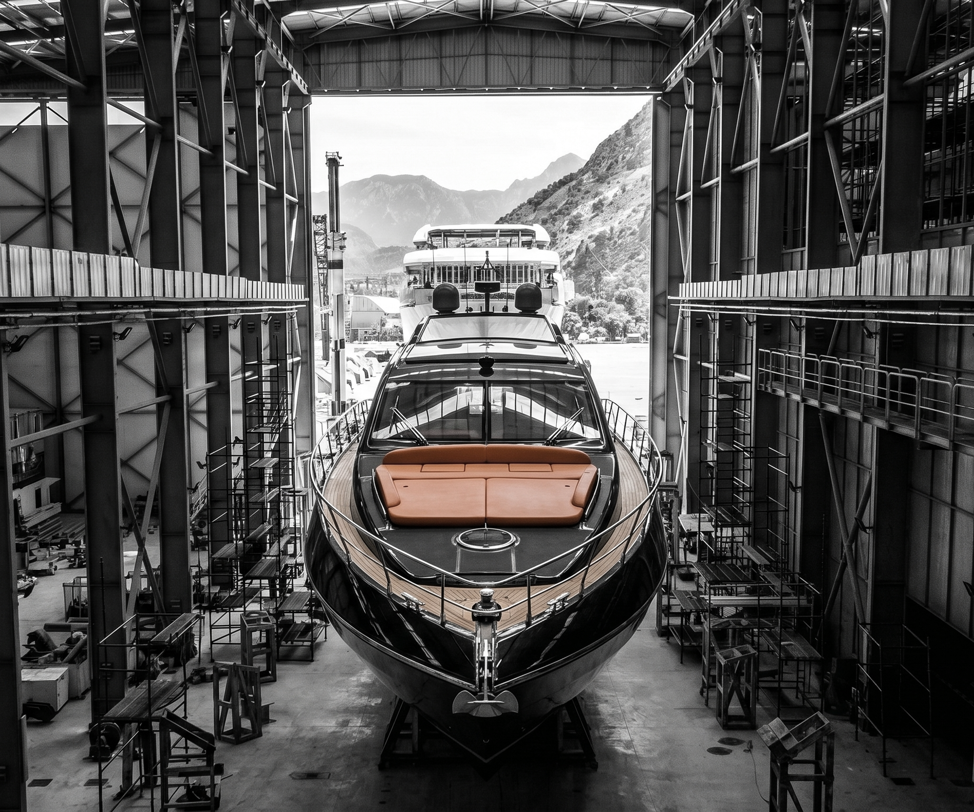 Yacht under construction in a shipyard